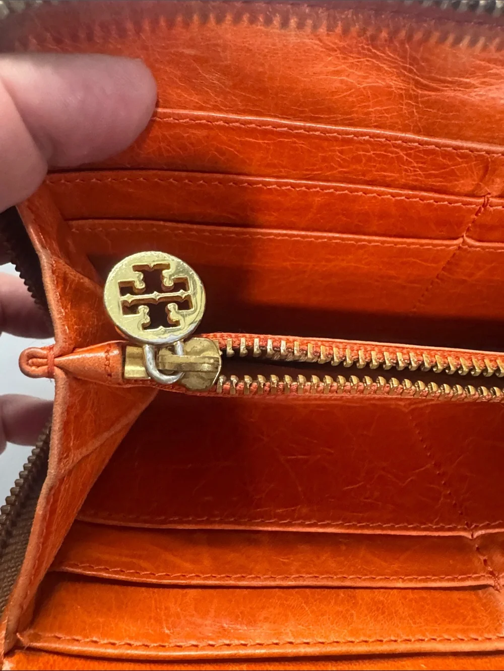 Tory Burch Chestnut Brown Saffiano Zip Wallet with Gold Logo
